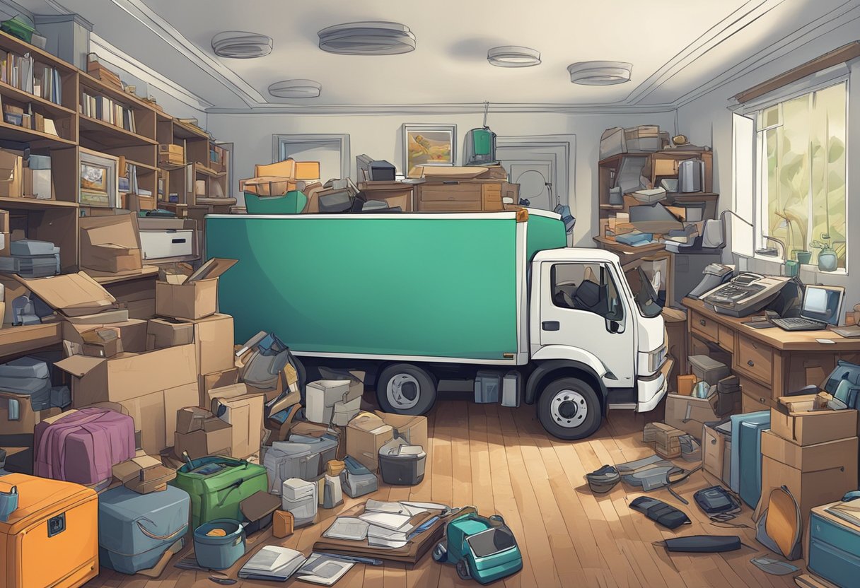 A cluttered room with various items such as old furniture, appliances, and electronics. A junk removal truck parked outside with workers carrying items out