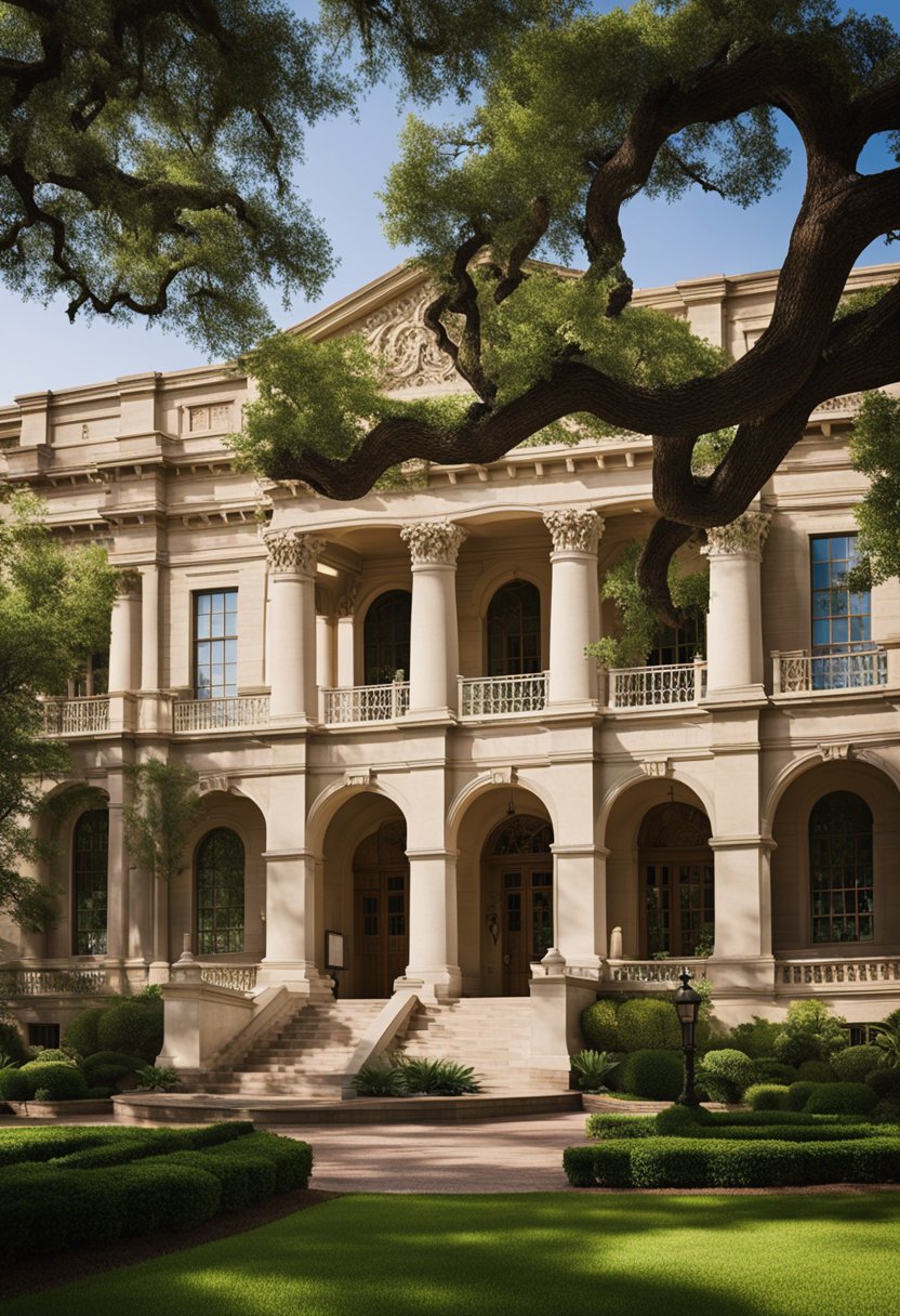 The Armstrong Browning Library and Museum in Waco features a grand Victorian-style building with intricate architectural details, surrounded by lush gardens and towering oak trees