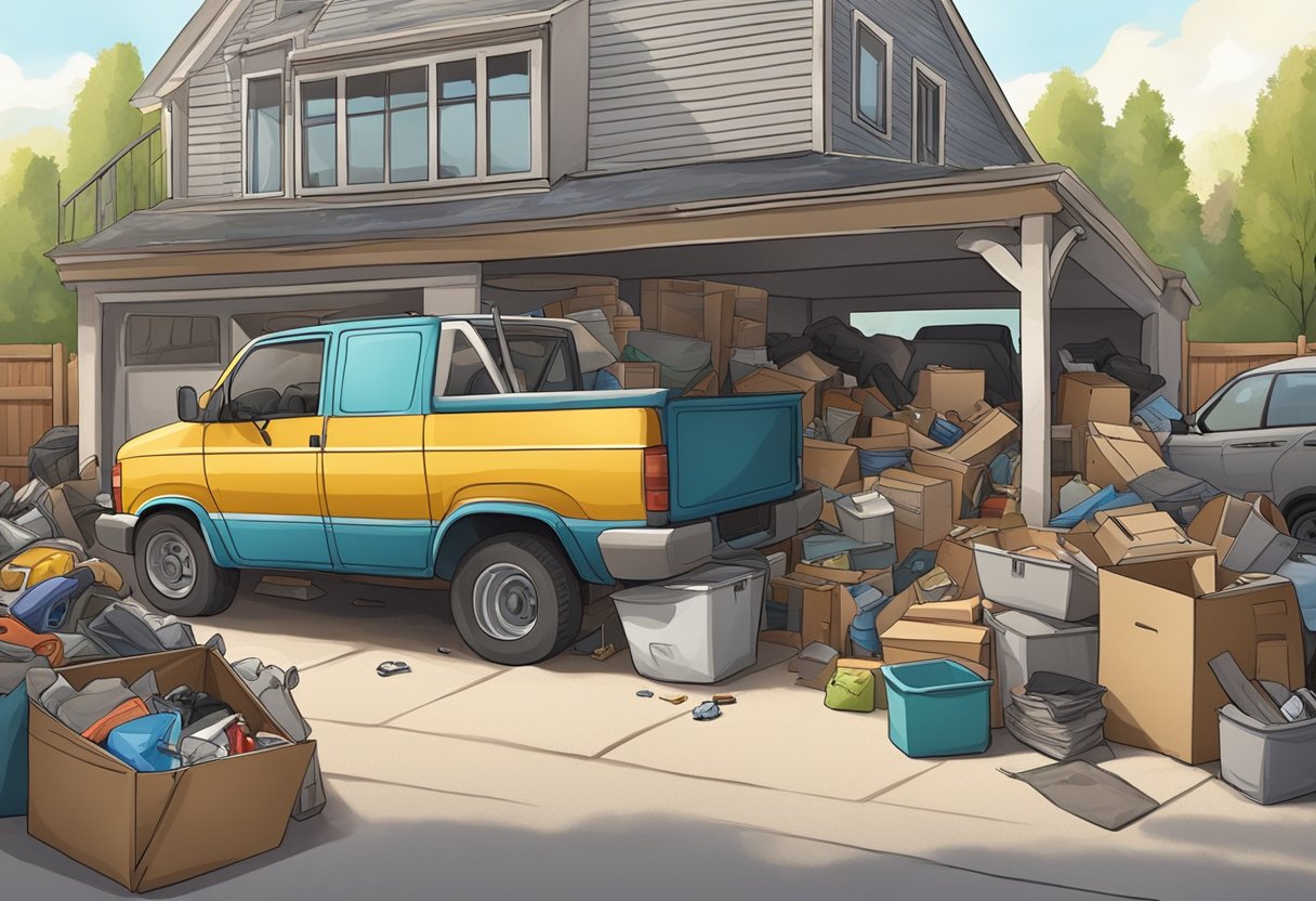 A cluttered garage with a pile of junk bags and old furniture. A junk removal truck parked outside, while a person loads items into their own vehicle for a DIY dump run