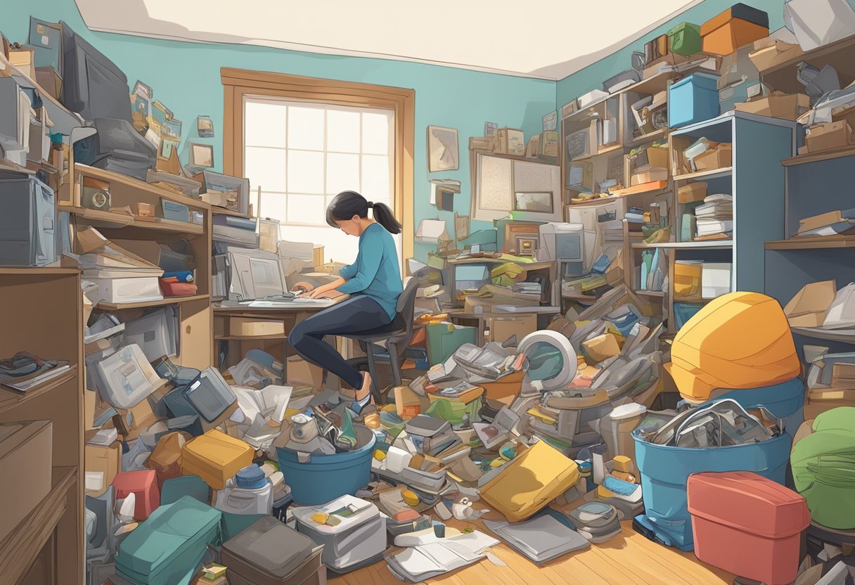 A cluttered room with various junk items piled up, a person attempting to move heavy objects, a potential hazard of injury, and a sense of disorganization