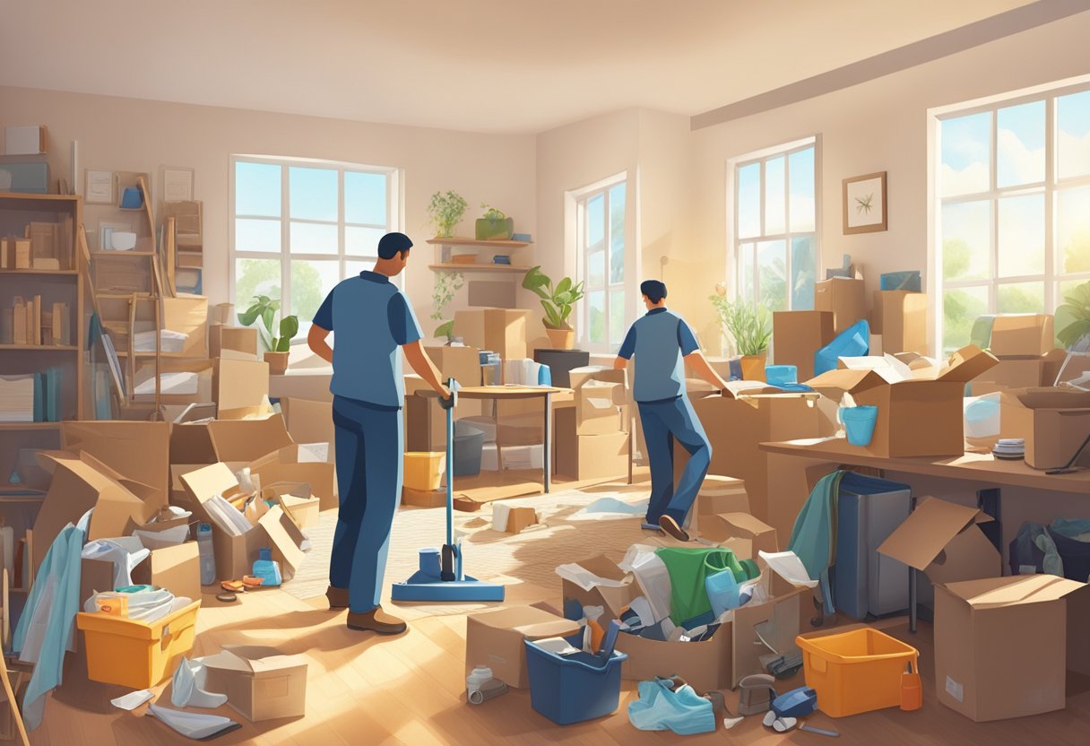 A cluttered room transformed into a clean, spacious area with junk removal workers efficiently clearing out unwanted items. Sunshine streams through the open windows, illuminating the newly decluttered space