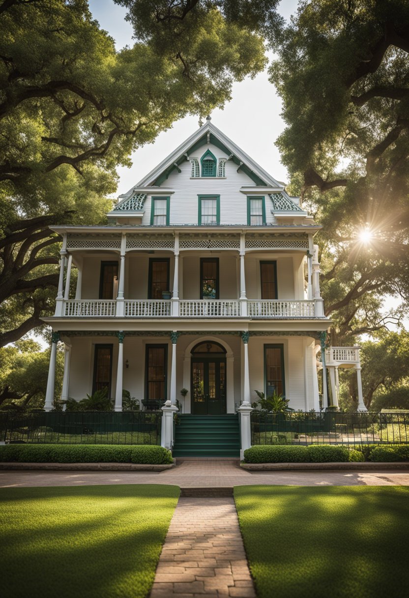 The McCulloch House Museum in Waco, Texas, with its Victorian architecture and well-preserved interior, is surrounded by lush gardens and shaded by towering oak trees