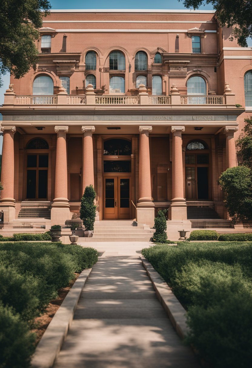 The Red Men Museum and Library stands tall among historic buildings in Waco, with ornate architecture and a grand entrance