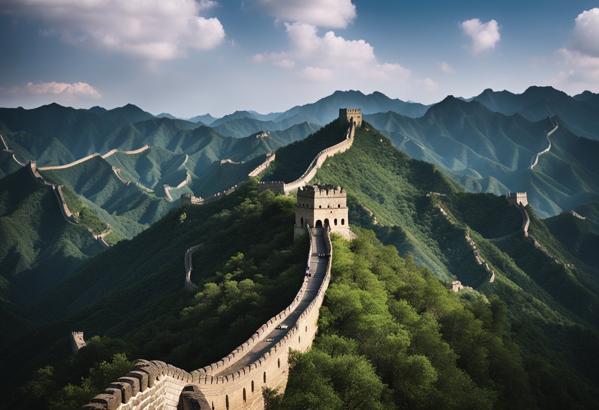 A Grande Muralha da China serpenteia por montanhas acidentadas e se estende à distância, com torres de vigilância pontuando a paisagem.