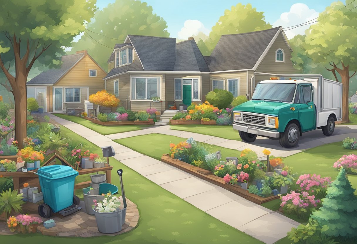 A clutter-free yard with a clean, organized space. A junk removal truck drives away, leaving behind a tidy and spacious property