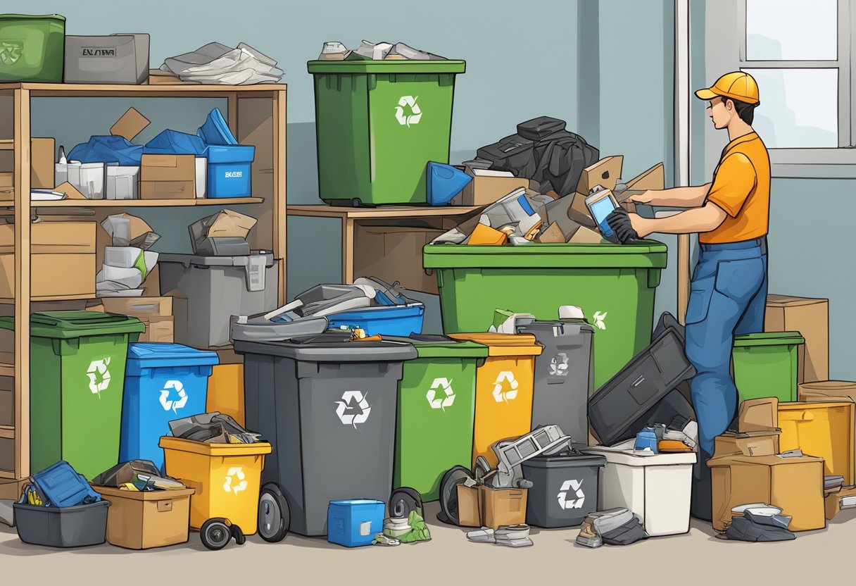 A junk removal worker sorting through various items, including electronics, furniture, and household goods, with separate bins marked for disposal and recycling