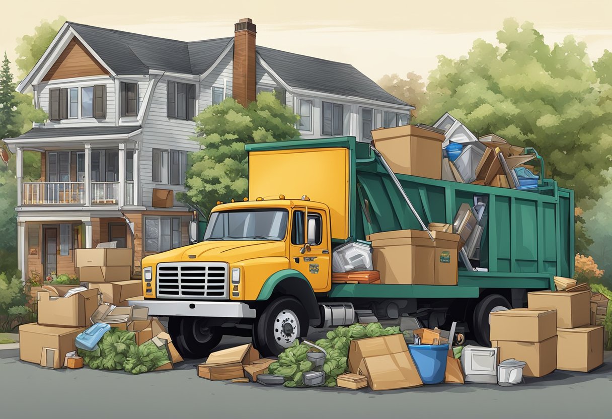 A junk removal truck loaded with items such as furniture, appliances, electronics, and yard waste