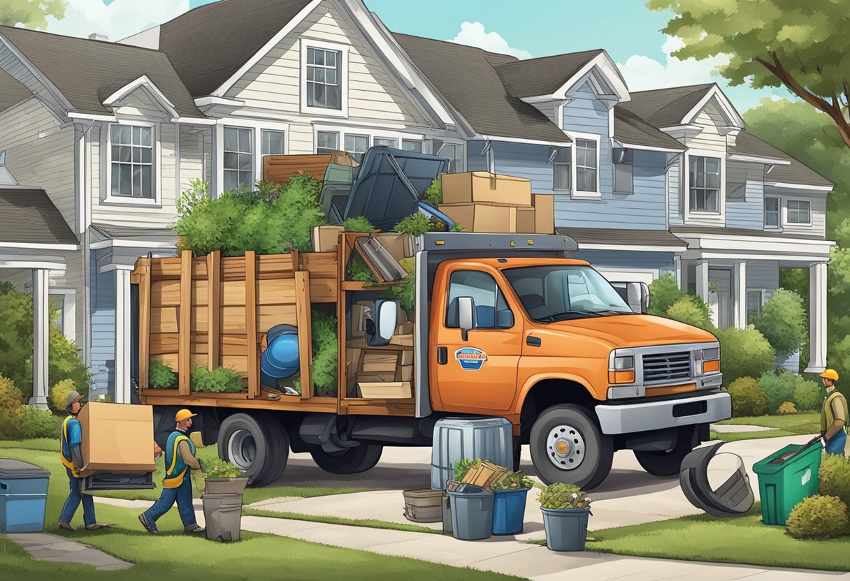 A junk removal truck parked in a suburban driveway, with workers carrying various items like old furniture, appliances, and yard waste into the truck