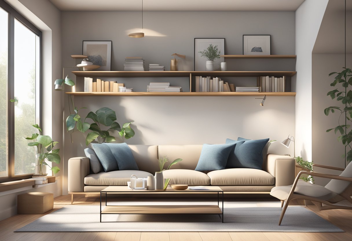 A serene, minimalist living room with tidy shelves, uncluttered surfaces, and natural light streaming in through open windows