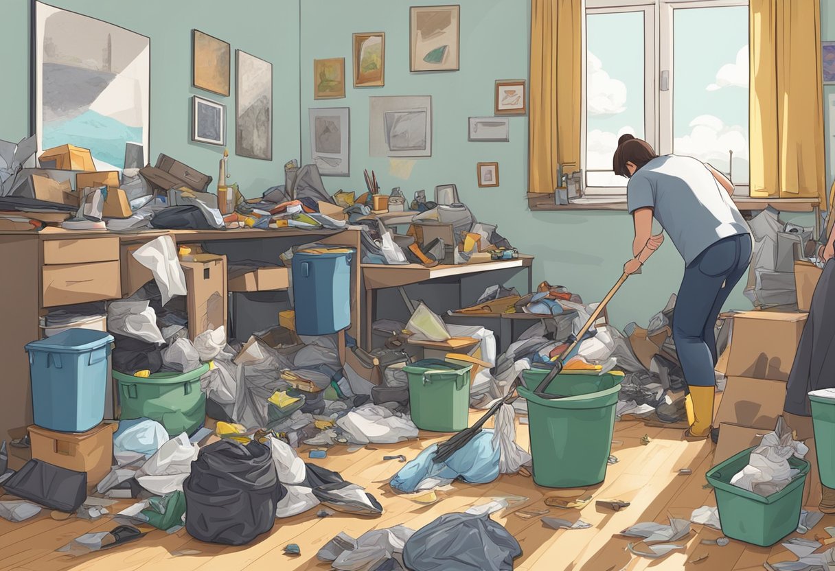 A cluttered and messy room with piles of rubbish and junk. A person is using a trash bag and a broom to clean up the space