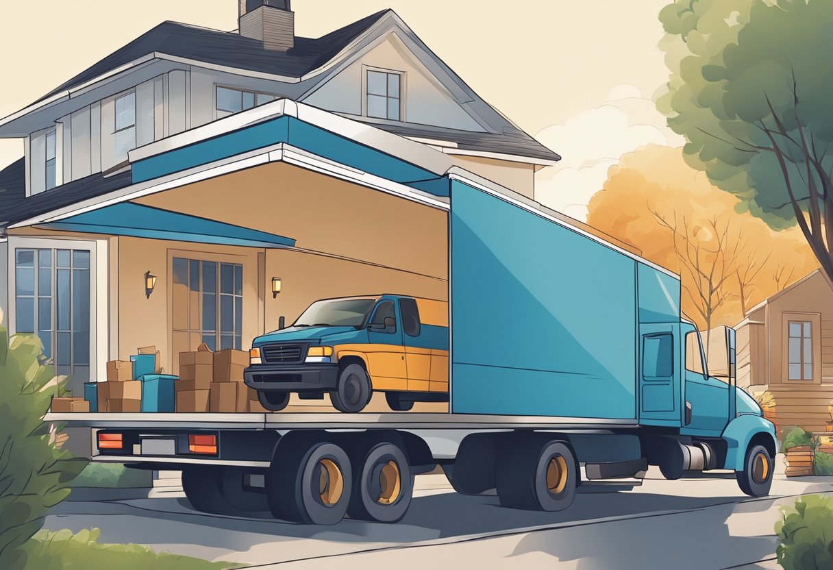 A moving truck parked outside a modern house, with movers effortlessly carrying furniture into the vehicle. The scene exudes efficiency and ease