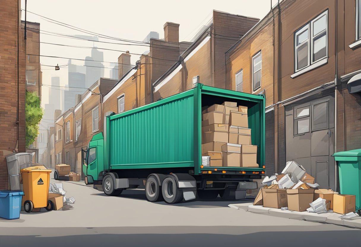 A junk removal truck collecting recyclable items from a cluttered city alleyway. Various bins and containers filled with paper, plastic, and metal are being loaded onto the truck