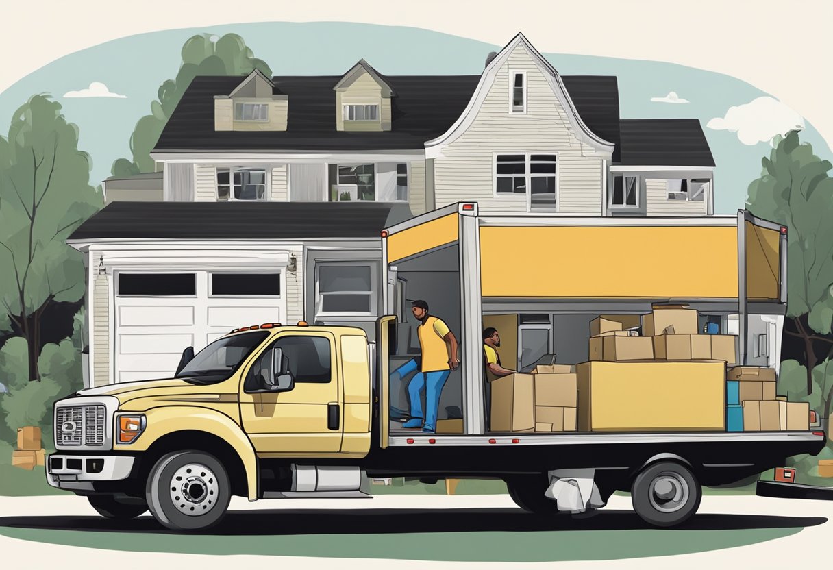 A moving truck parked in front of a house, with professional movers carrying furniture out and loading it into the truck