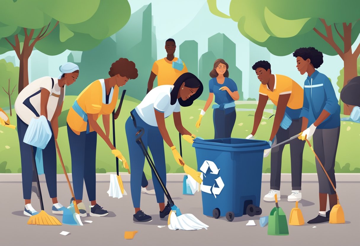 A group of diverse people working together to clean up a park, with trash bags and recycling bins scattered around