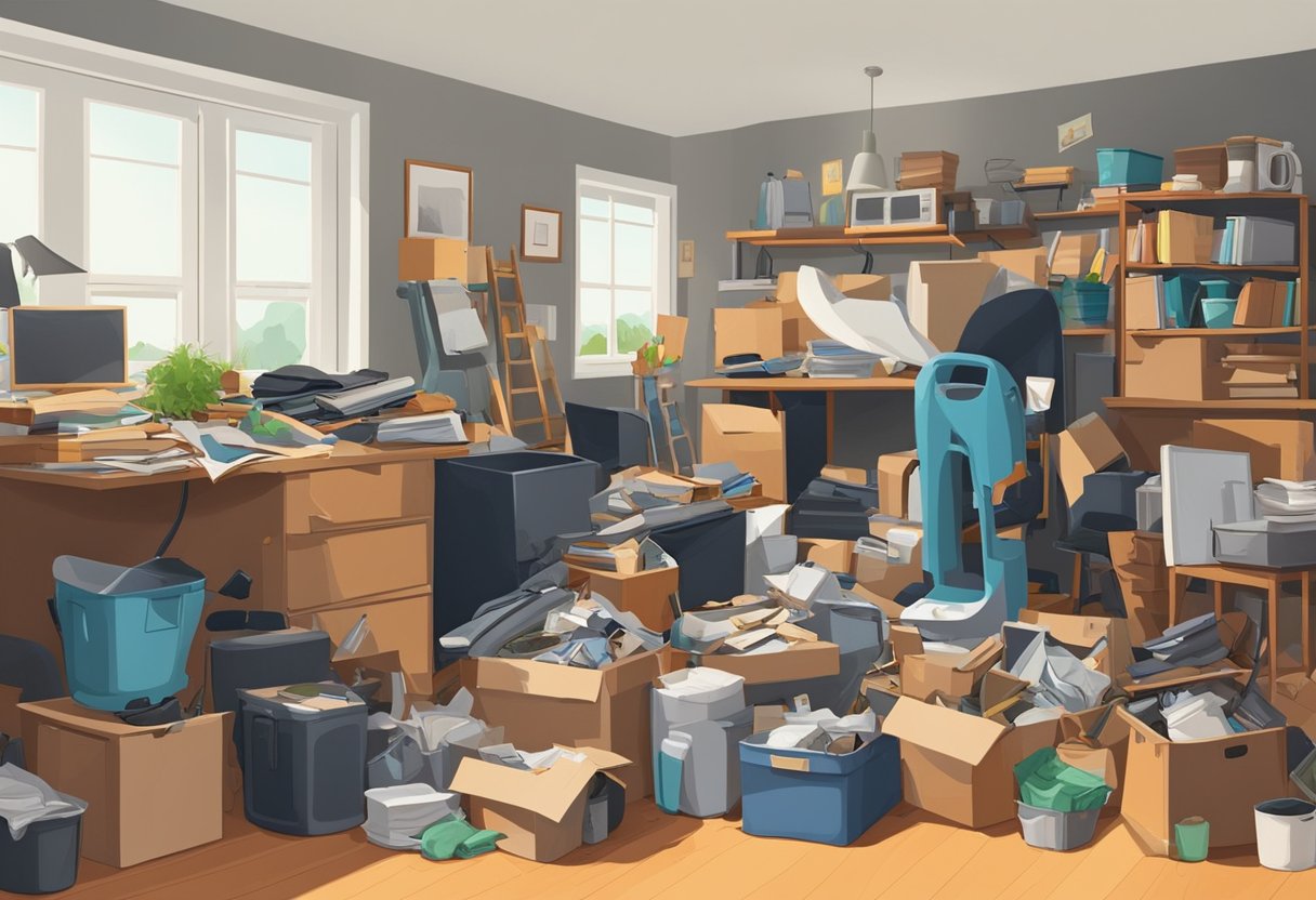 A cluttered room with various items such as old furniture, broken appliances, and boxes piled up. A professional junk removal team efficiently clearing out the space