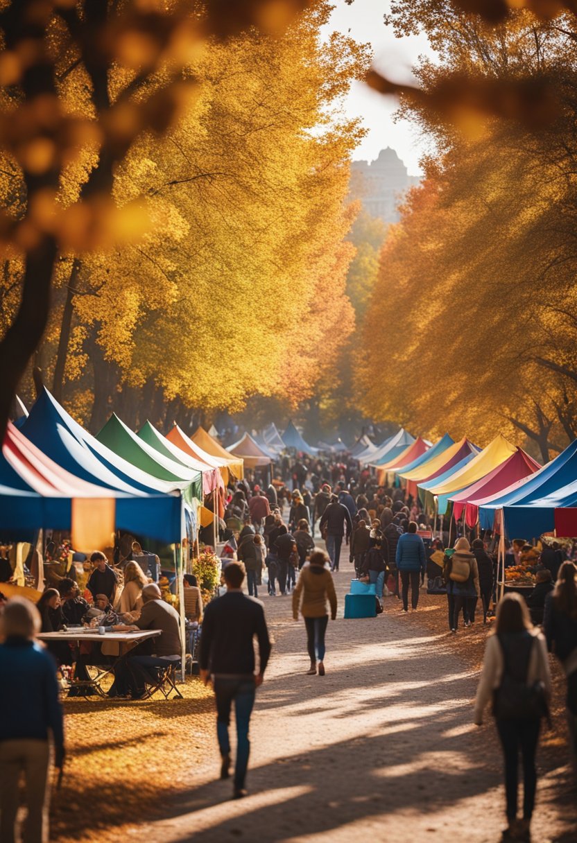 Vibrant tents and colorful flags line the park pathways, with families enjoying live music and food vendors under the autumn sun