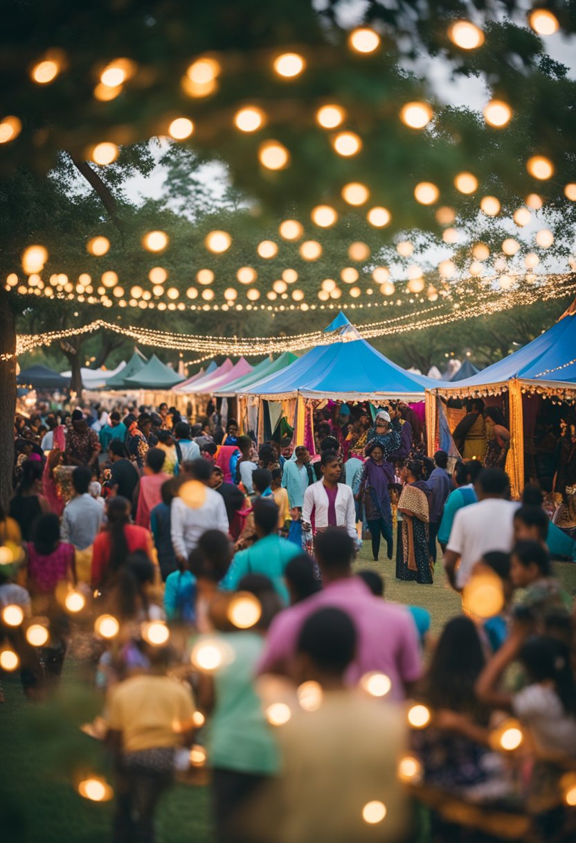 Vibrant Waco Diwali Festival: colorful tents, twinkling lights, diverse food vendors, joyful music, and families enjoying cultural activities in the park