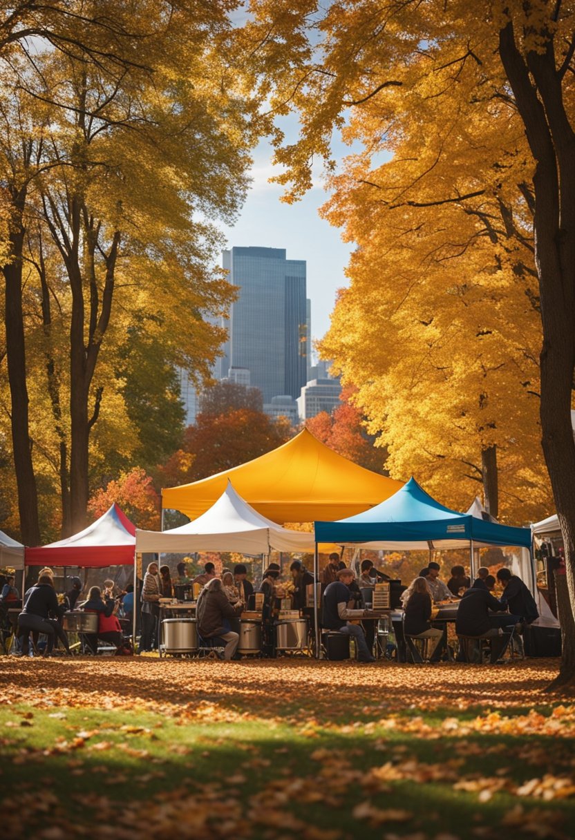 Colorful tents and food trucks line the park pathways. Children play in the autumn leaves as musicians perform on stage. The air is filled with the scent of funnel cakes and the sound of laughter