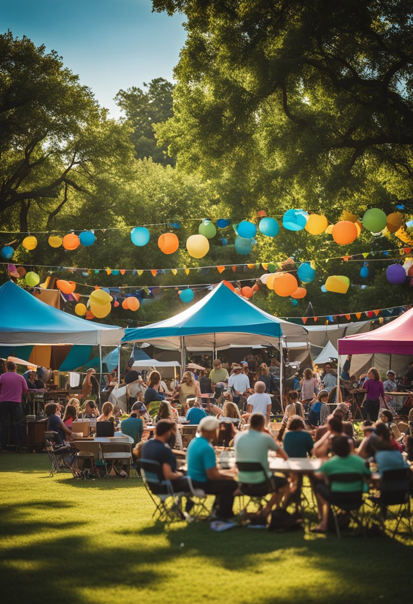 A vibrant scene of people enjoying live music, food, and art in Waco parks, with colorful tents and lively atmosphere