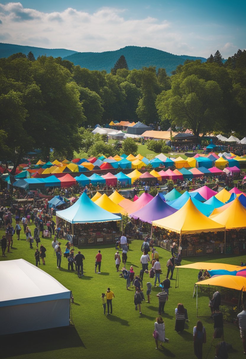 Colorful tents and booths line the park pathways, filled with people enjoying live music, food, and crafts. The air is filled with the sound of laughter and the smell of delicious treats