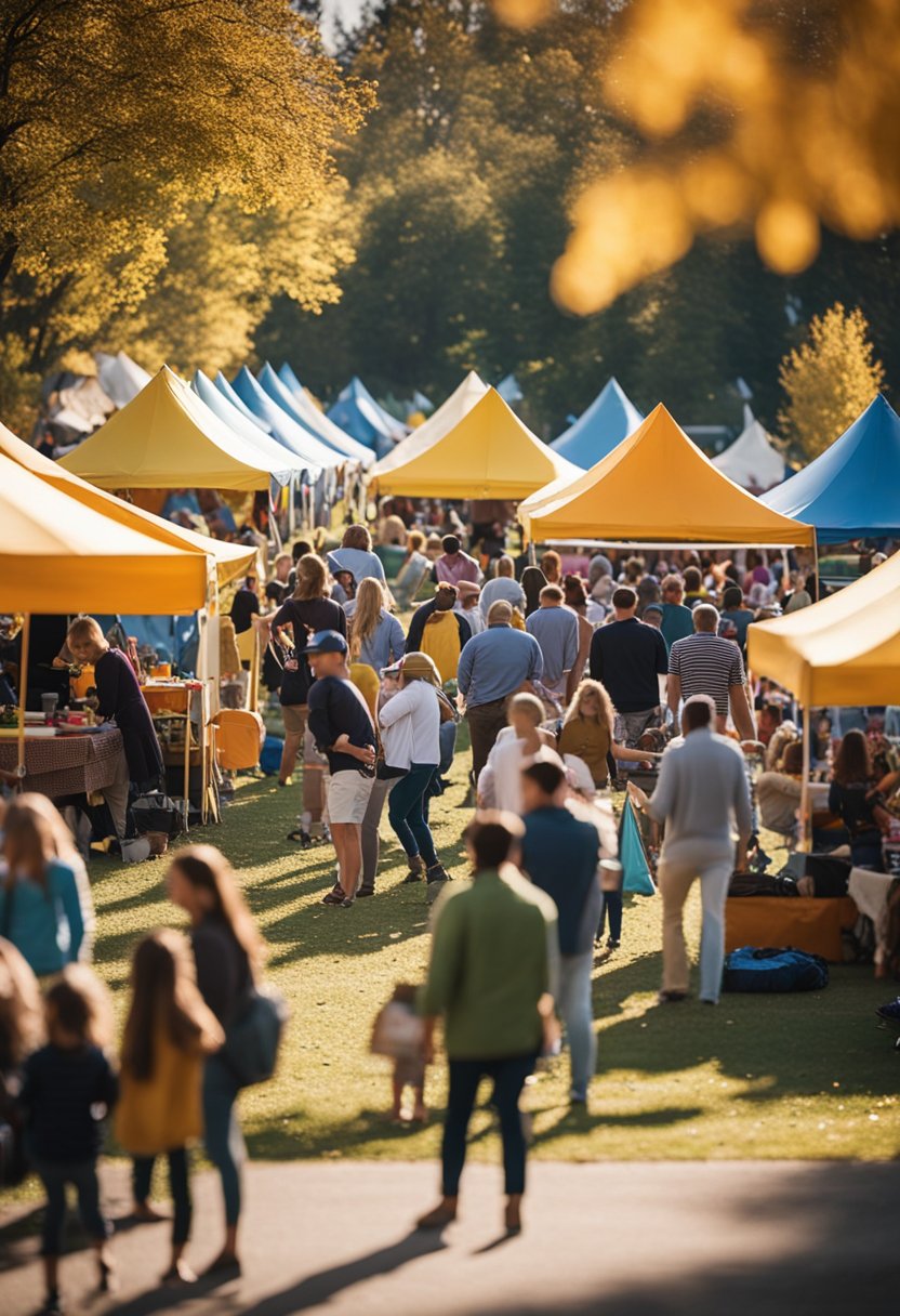 Colorful tents and food trucks line the park, while live music fills the air. Families gather to enjoy games and activities under the autumn sun