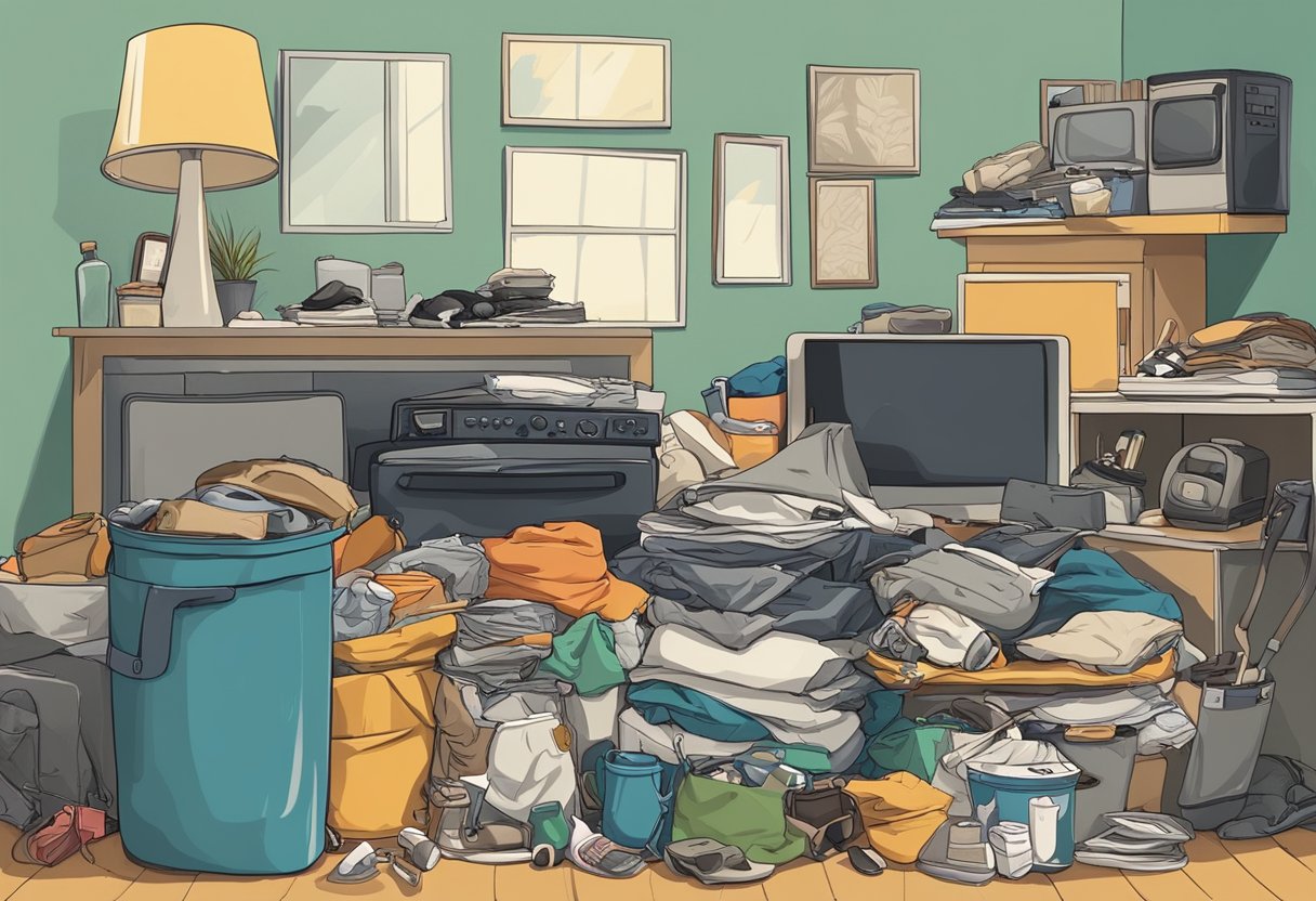 Various household items (old clothes, expired food, broken appliances, and unused gadgets) piled up in a cluttered home, ready to be cleared out