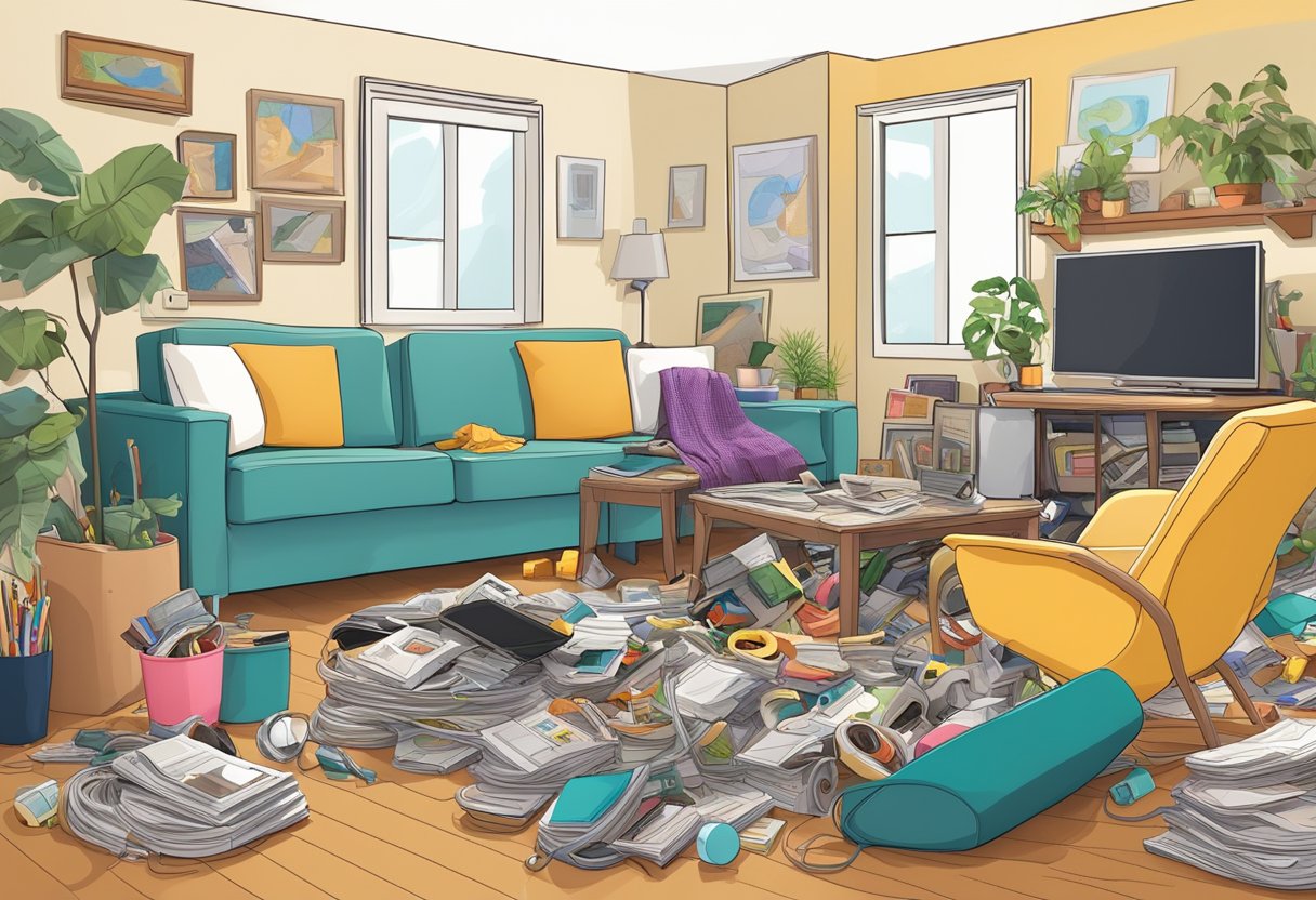 A cluttered living room with old magazines, scattered toys, overflowing trash bins, and tangled cords