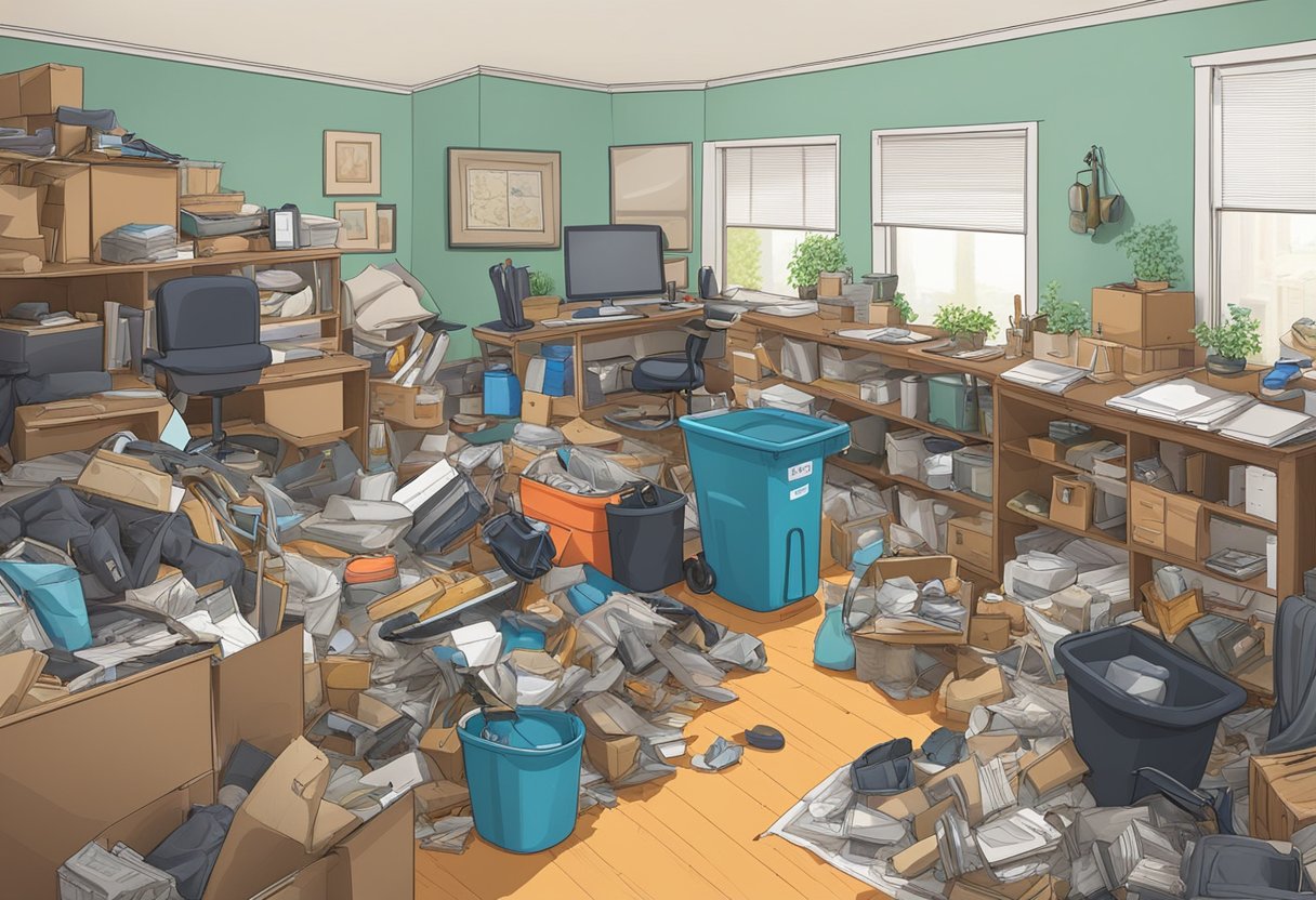 A cluttered room with piles of junk and debris, a professional junk removal team efficiently clearing out the space