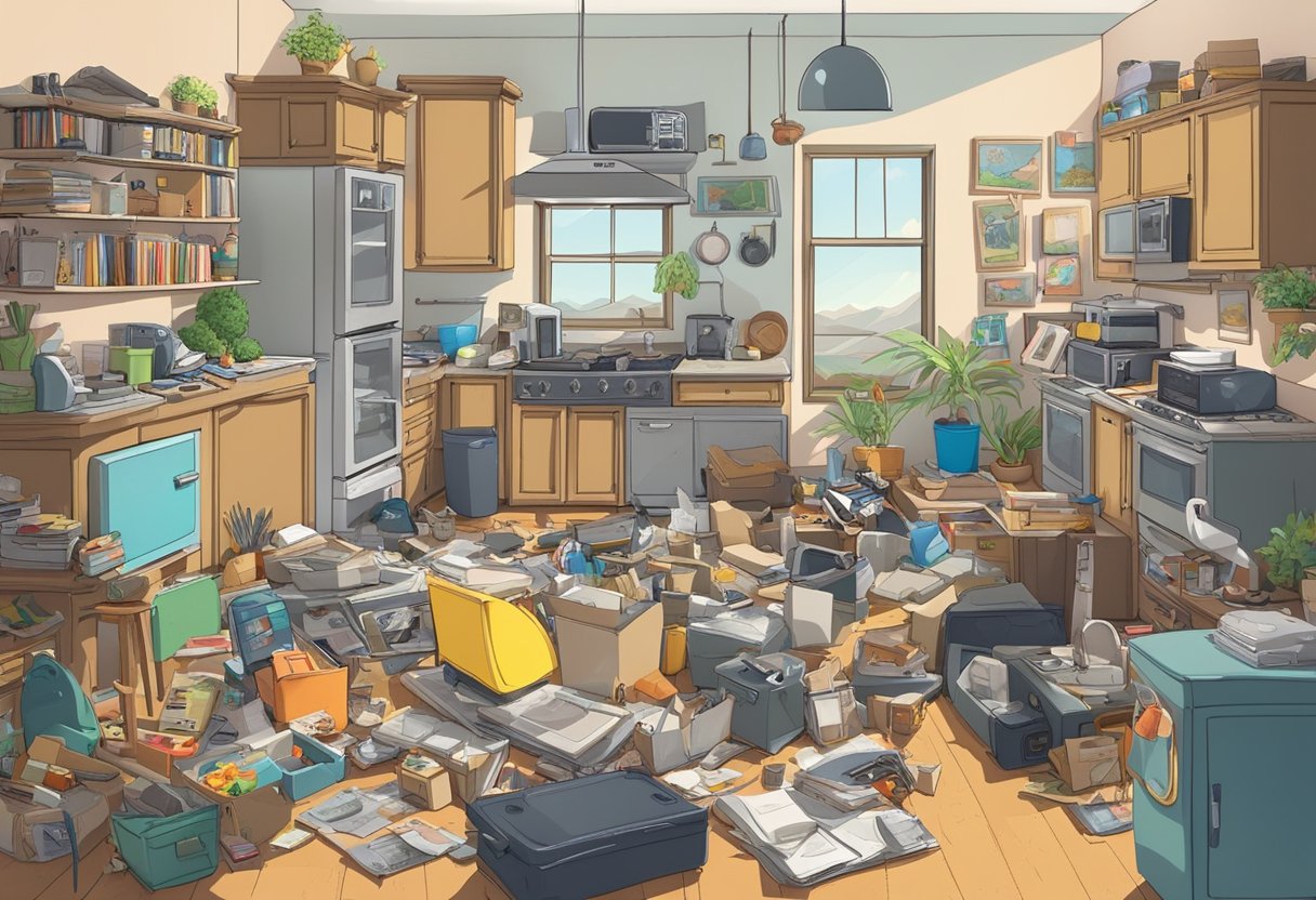 A cluttered living room with old magazines, unused electronics, and scattered toys. A messy kitchen with expired food items and unused appliances