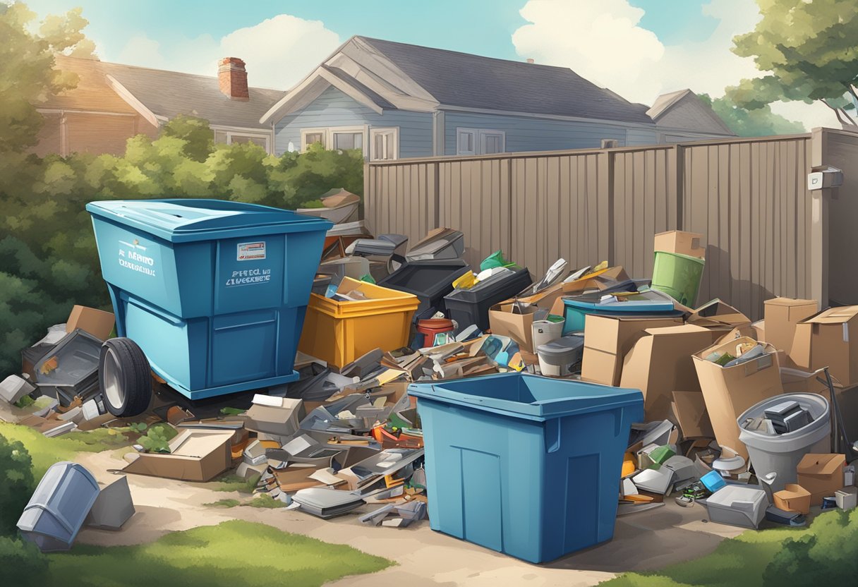 A cluttered yard with various junk items and a dumpster nearby, representing the choice between junk removal and dumpster rental