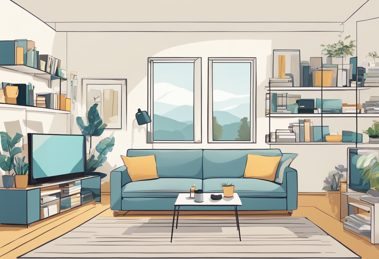 A serene living room with minimal furniture and decor. A clutter-free space with clear surfaces and organized shelves. Items like old magazines, unused gadgets, expired products, and broken knick-knacks are being removed