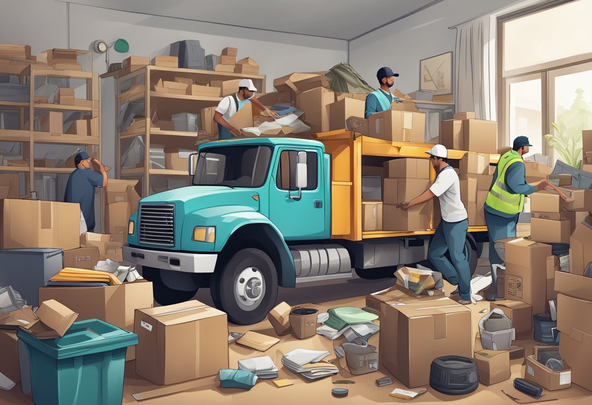 A cluttered room with various items piled up, a large junk removal truck parked outside, and a team of workers loading items into the truck