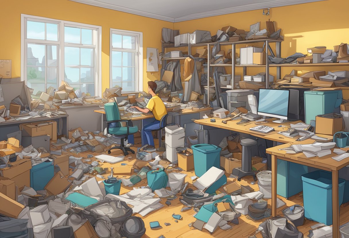 A cluttered room with piles of junk and debris being removed by workers, leaving behind a clean and organized space