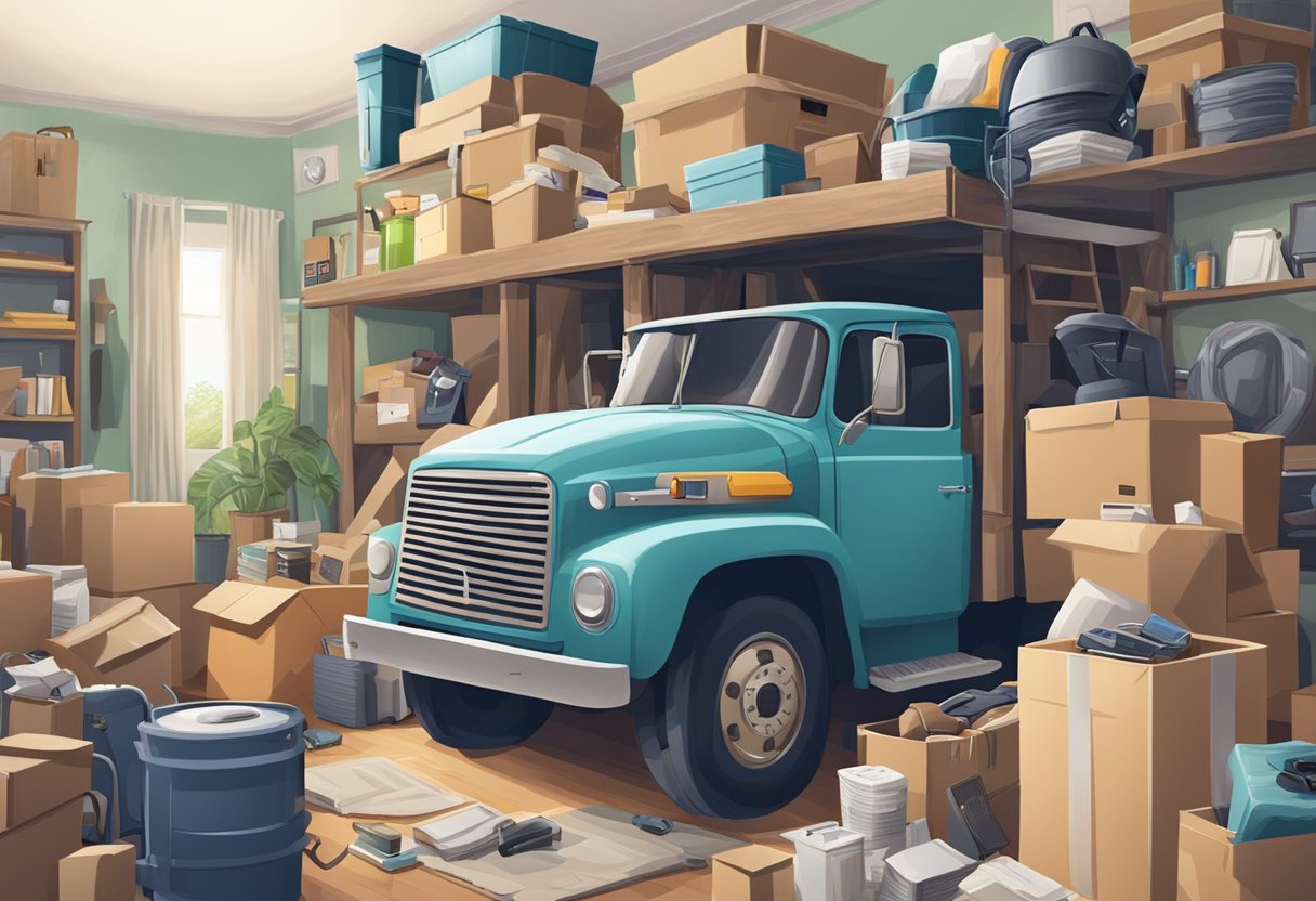 A cluttered room with furniture, appliances, and boxes piled up. A junk removal truck parked outside, workers loading items onto it