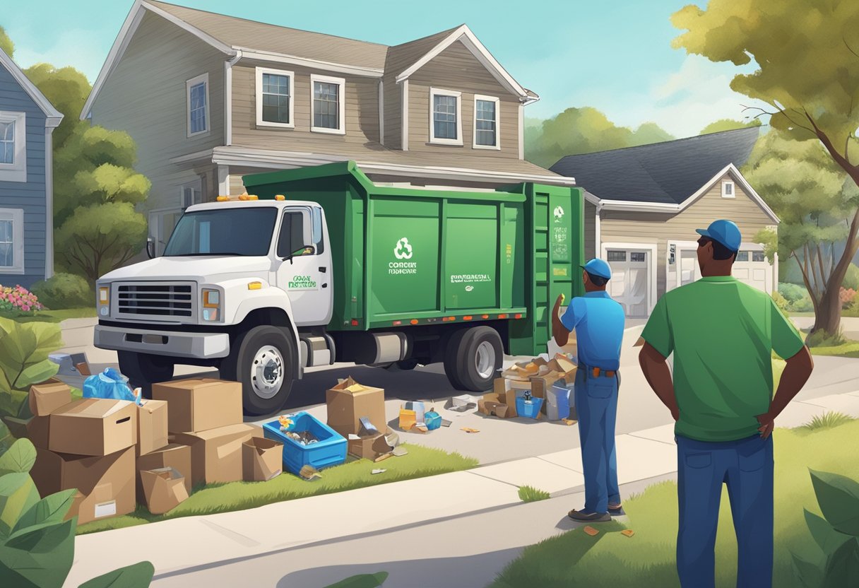 A junk removal truck parked outside a house, workers sorting items into recycling, donation, and trash piles, while neighbors watch and chat