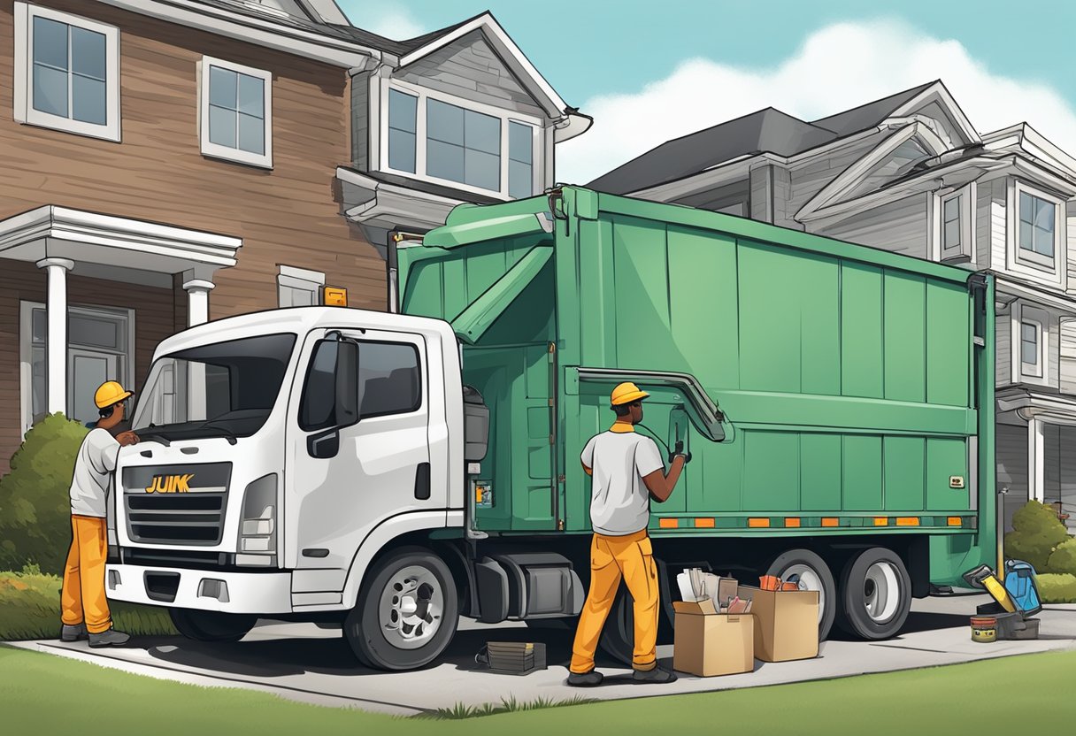 A junk removal truck parked in front of a house, with workers loading various items onto the truck. A checklist of services and considerations displayed on a clipboard