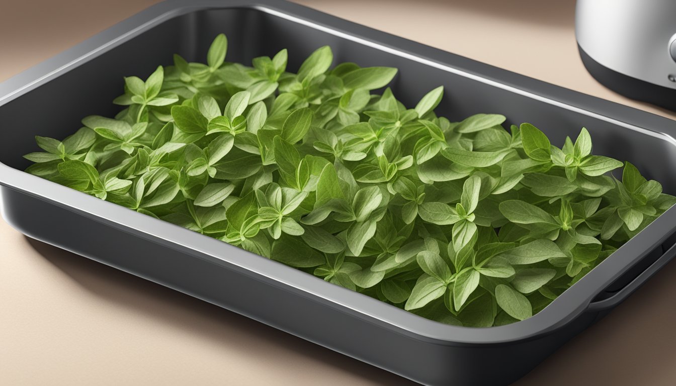 Fresh oregano leaves spread out on air fryer trays, ready for dehydration