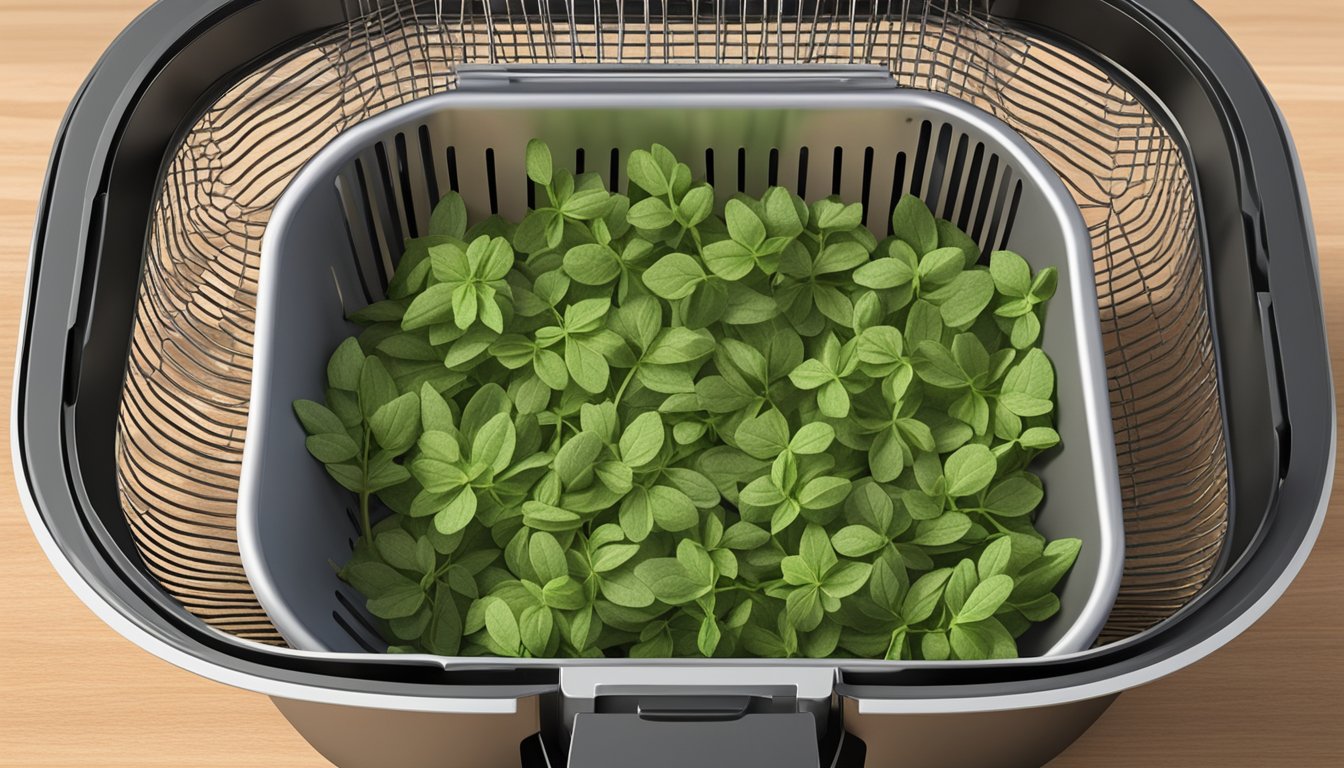 Fresh oregano leaves arranged in a single layer inside an air fryer basket, with the air fryer turned on and the leaves slowly dehydrating