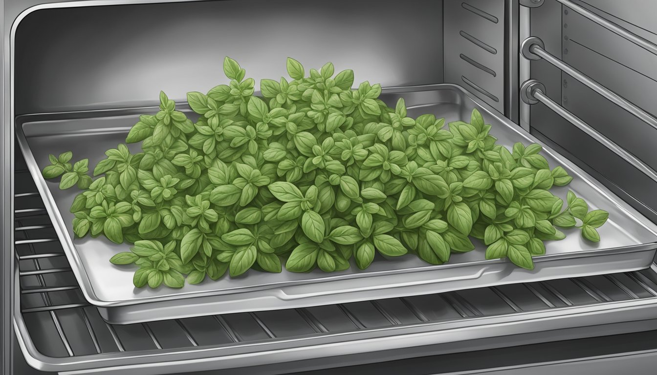 Fresh oregano sprigs spread on a baking sheet, placed in a preheated oven, with the door slightly ajar for air circulation