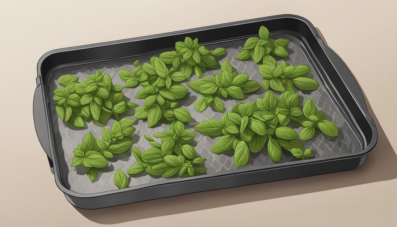 Fresh oregano leaves arranged on air fryer tray, with the air fryer set to low heat for dehydration