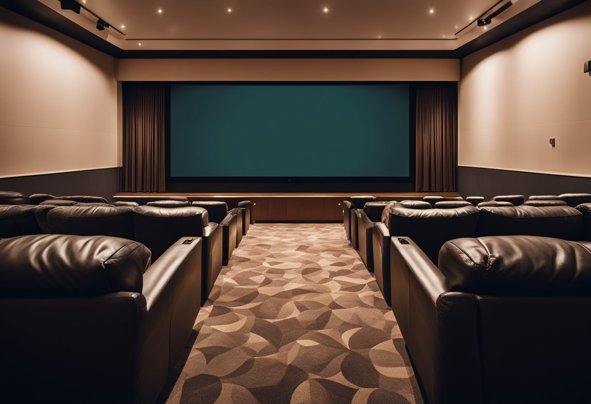 Um cinema movimentado com uma tela grande e fileiras de assentos vazios contrasta com uma sala de estar aconchegante, apresentando uma TV de tela grande e uma família aproveitando um serviço de streaming.