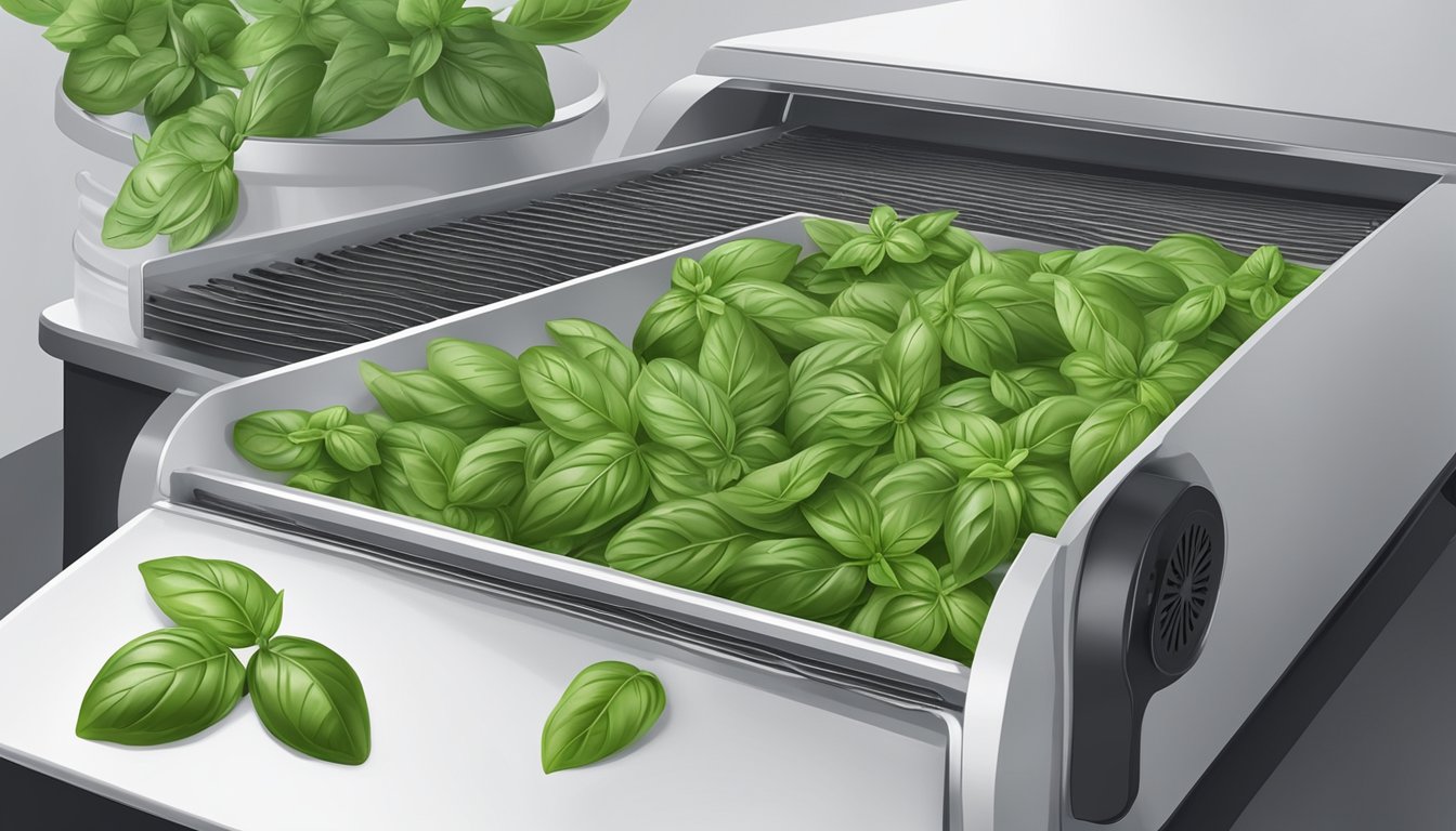 Fresh basil leaves laid out on a dehydrator tray, with the machine set to low heat