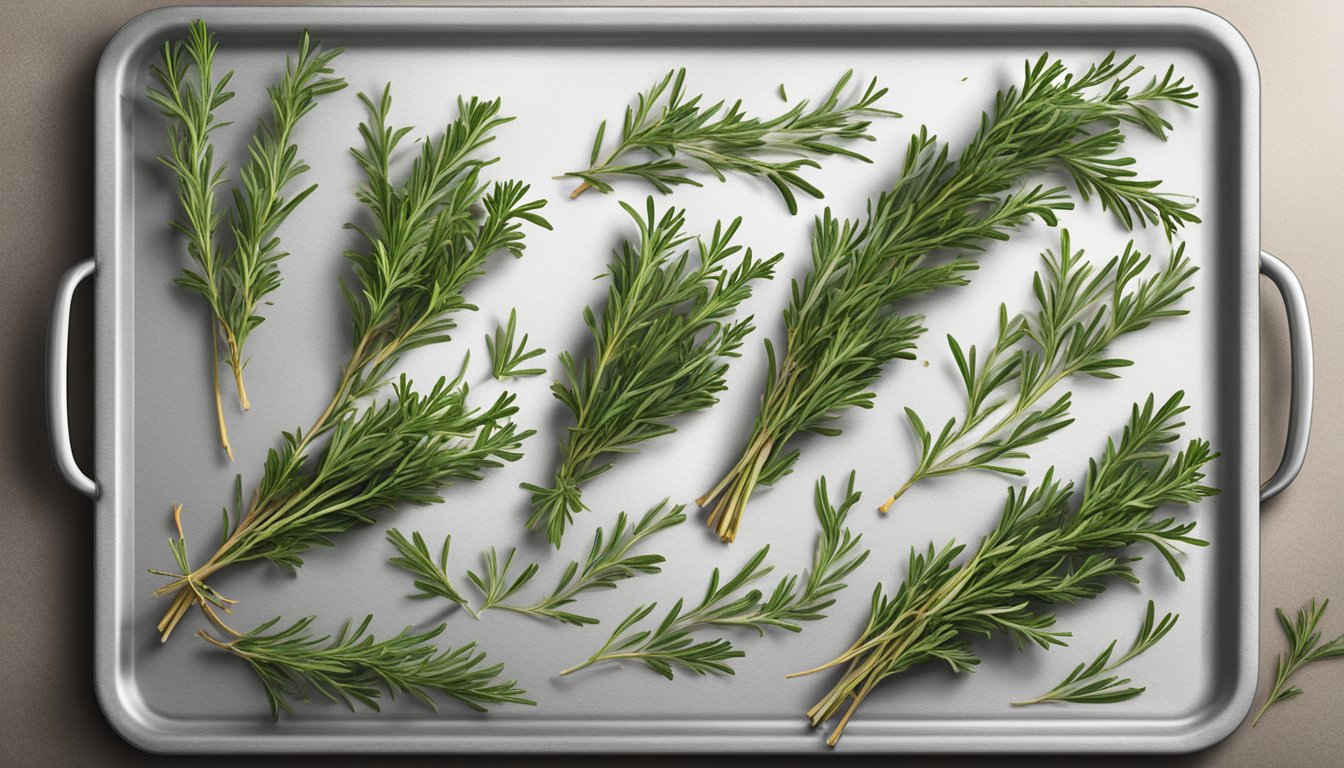 Fresh thyme sprigs laid out on a baking sheet, placed in a preheated oven, and then removed when dried and fragrant