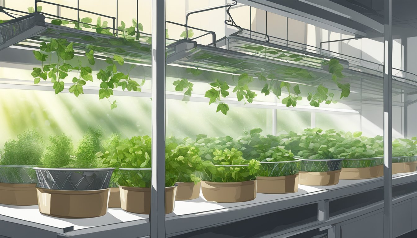 Fresh herbs spread out on mesh drying racks in a well-ventilated area, with sunlight filtering in through a nearby window