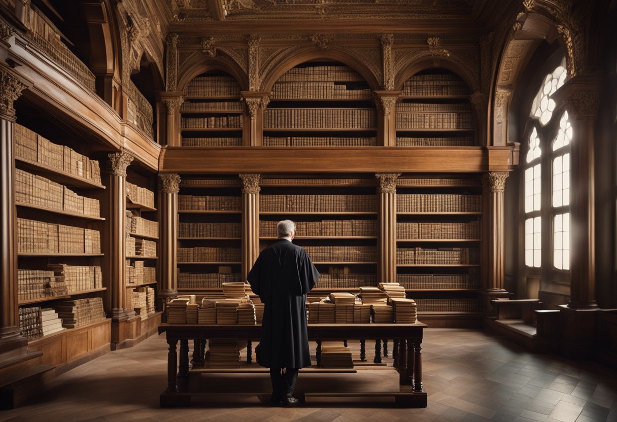 Uma grande biblioteca cheia de tomos e pergaminhos antigos, com um acadêmico selecionando cuidadosamente um documentário histórico das prateleiras.