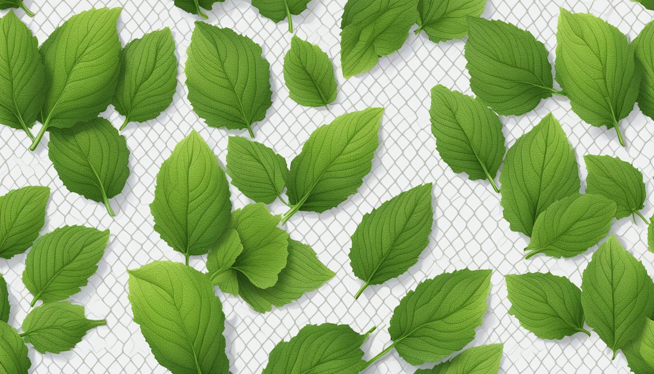 Fresh lemon balm leaves laid out on a mesh dehydrator tray under warm, dry conditions