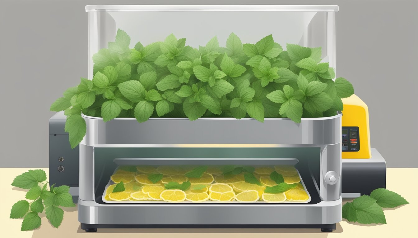 Fresh lemon balm leaves laid out on a dehydrator tray, with the machine running and emitting warm air to dry the leaves