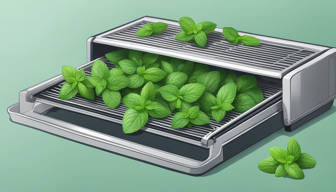 Fresh mint leaves laid out on a dehydrator tray, with the machine set to low heat