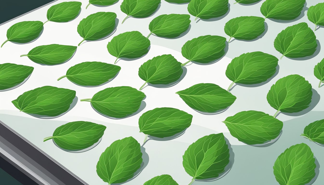 Fresh mint leaves laid out on a dehydrator tray, with the machine set to dry them out