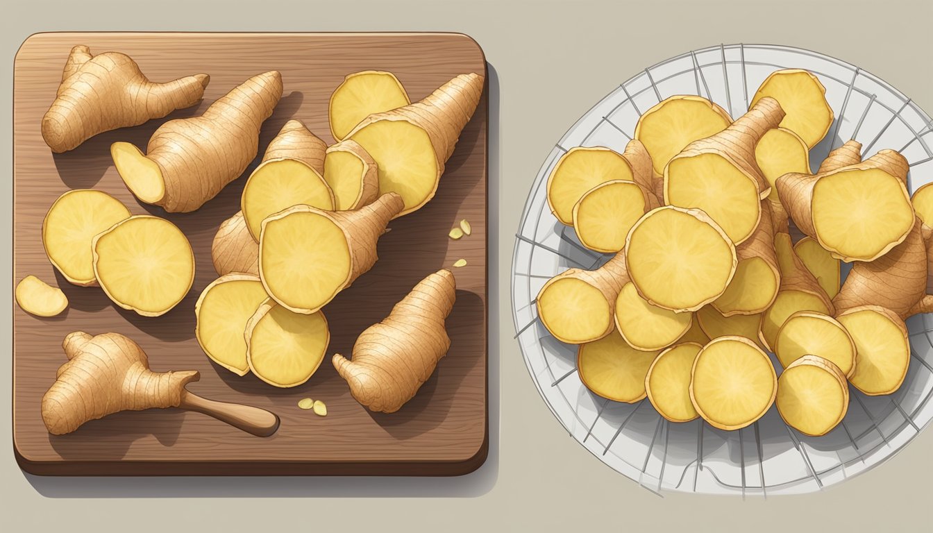 Fresh ginger root being thinly sliced on a cutting board, then spread out on a wire rack to air dry in a well-ventilated area